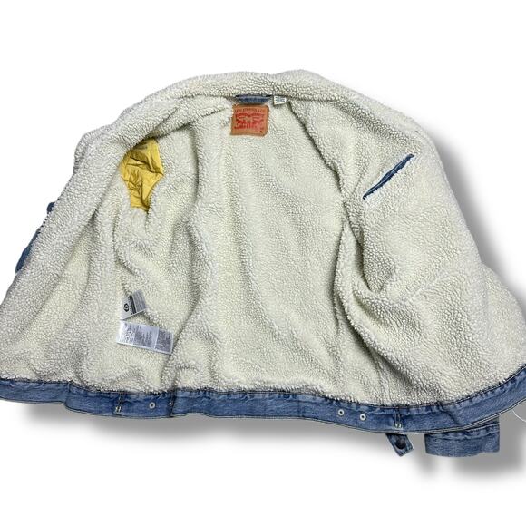 Levi’s Sherpa Lined Denim Trucker Jacket Faded Blue 90s Style Jean Jacket Sz XL - Picture 3 of 9